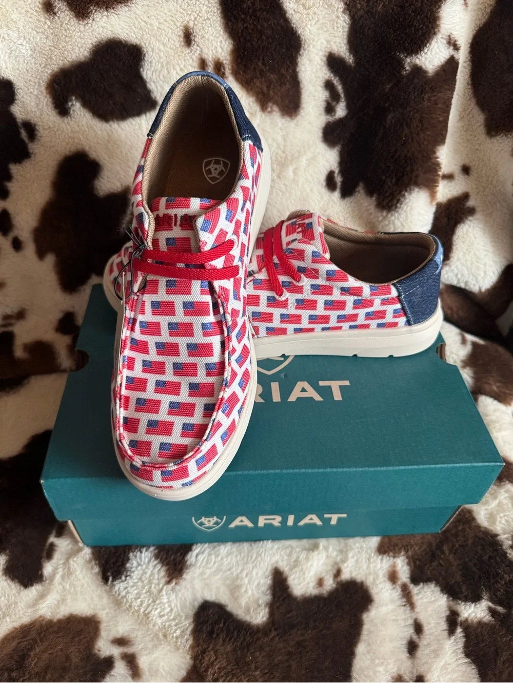 Ariat Hilo Kids Red, White & Blue Flag-Print Boat Shoes Size 6